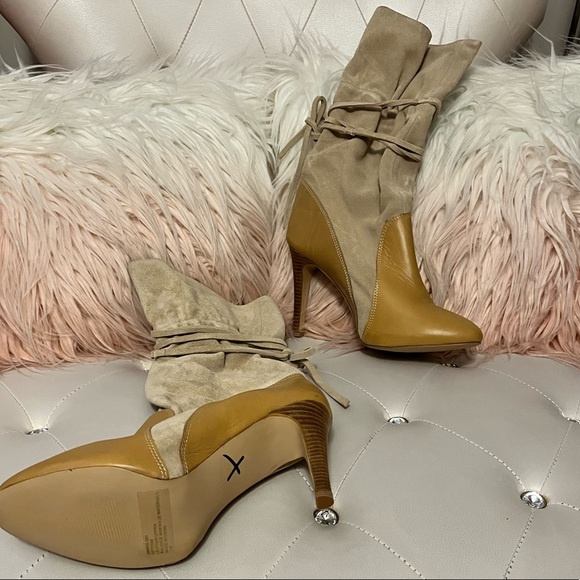 NEW RARE Colin Stuart Tan Suede/Leather Heeled Mid Calf Tie Up Boots - Picture 10 of 12